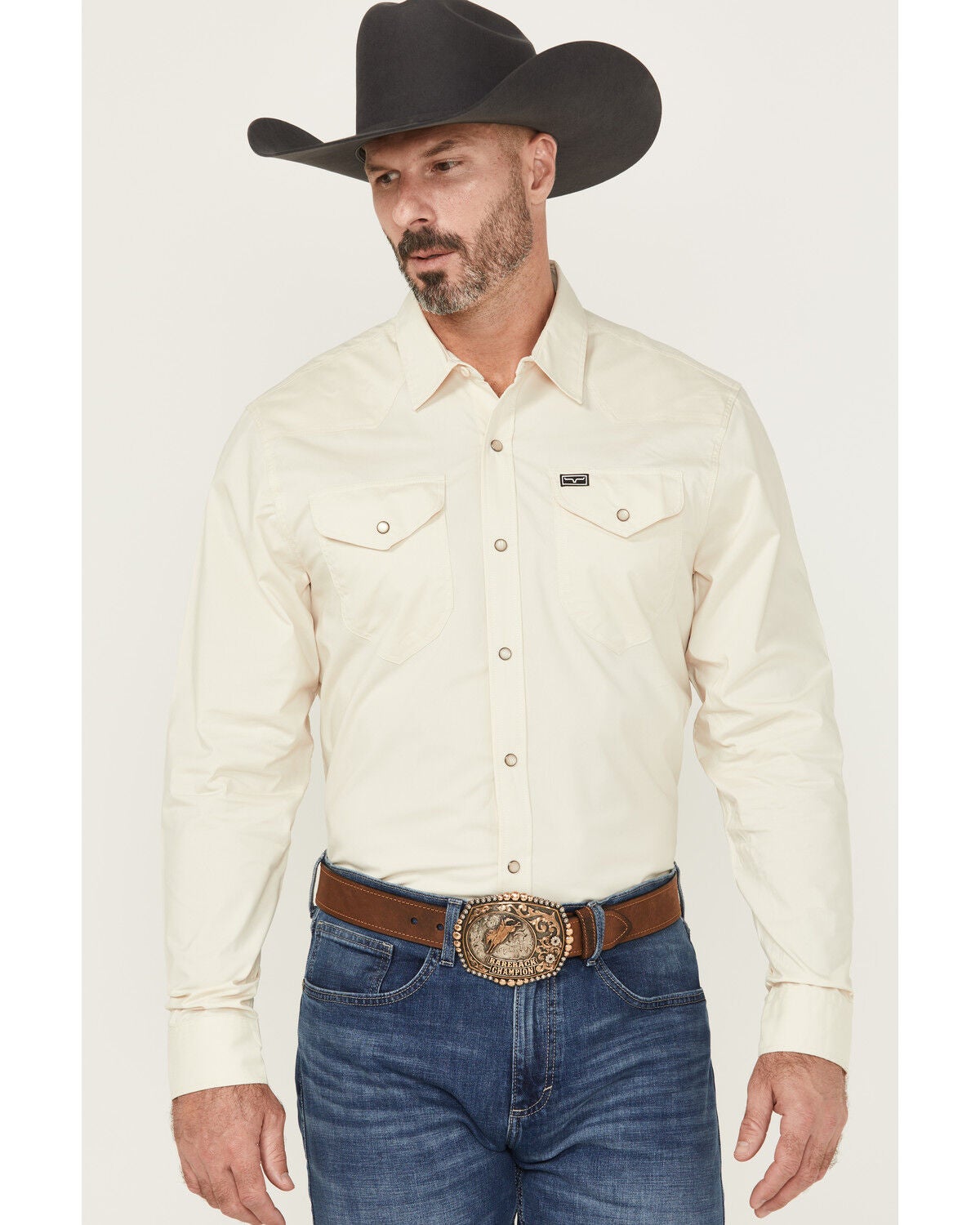 Kimes Ranch Men's Solid Blackout Long Sleeve Snap Stretch Western Shirt, Natural, hi-res