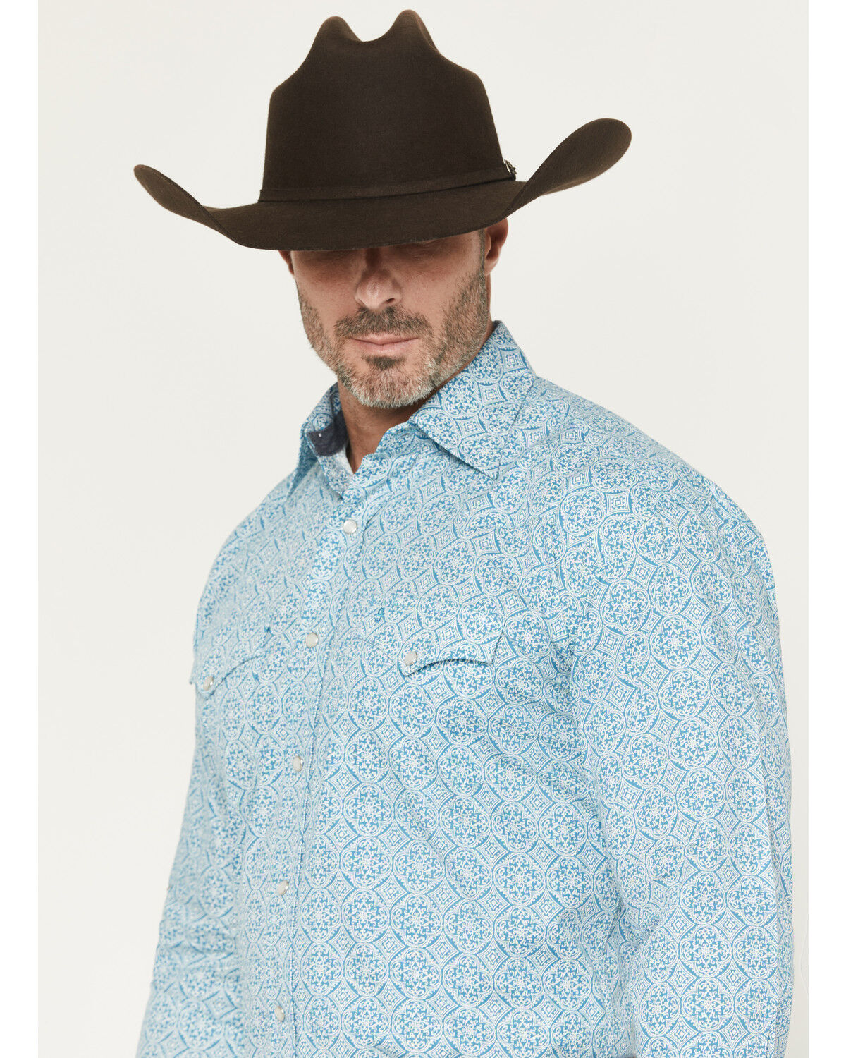 Image #2 - Stetson Men's Medallion Print Long Sleeve Pearl Snap Western Shirt, Green, hi-res