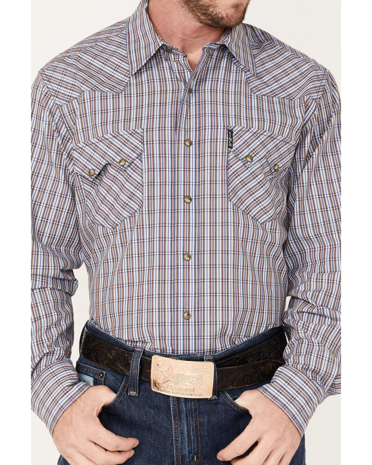 Image #3 - Cinch Men's Modern Fit Small Plaid Snap Western Shirt, Blue, hi-res