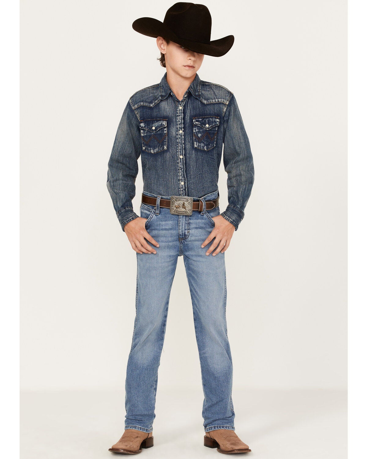Image #1 - Wrangler Retro Boys' Light Wash Stretch Slim Straight Jeans, Light Blue, hi-res