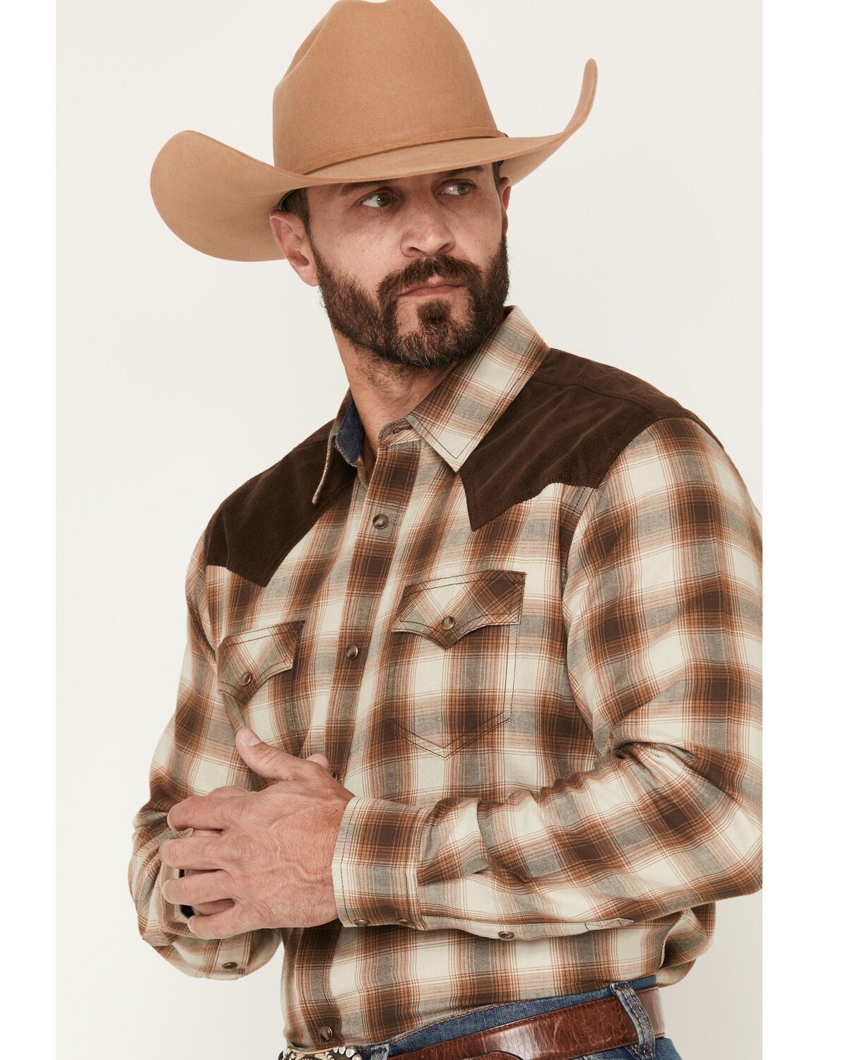 Image #2 - Cody James Men's Mad Plaid Print Corduroy Long Sleeve Snap Western Shirt - Big, Tan, hi-res