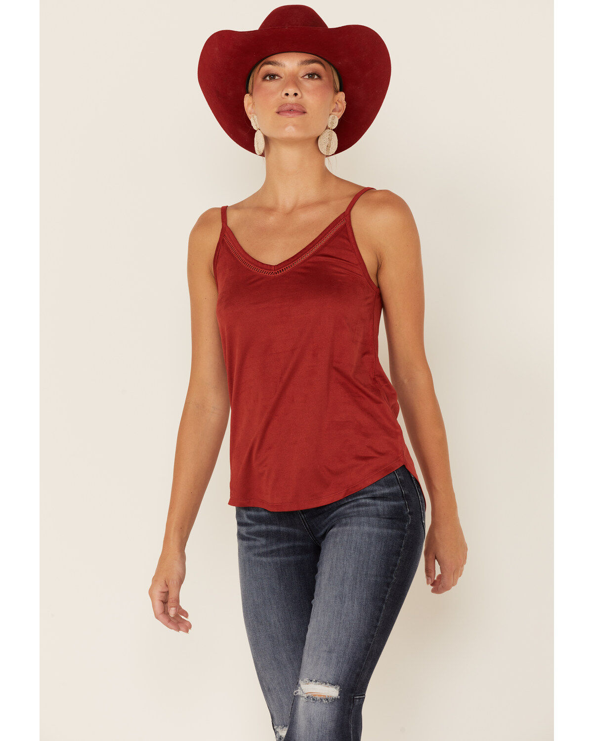 Image #1 - Shyanne Women's Bosh Red Faux Suede Latter Trim Cami, , hi-res