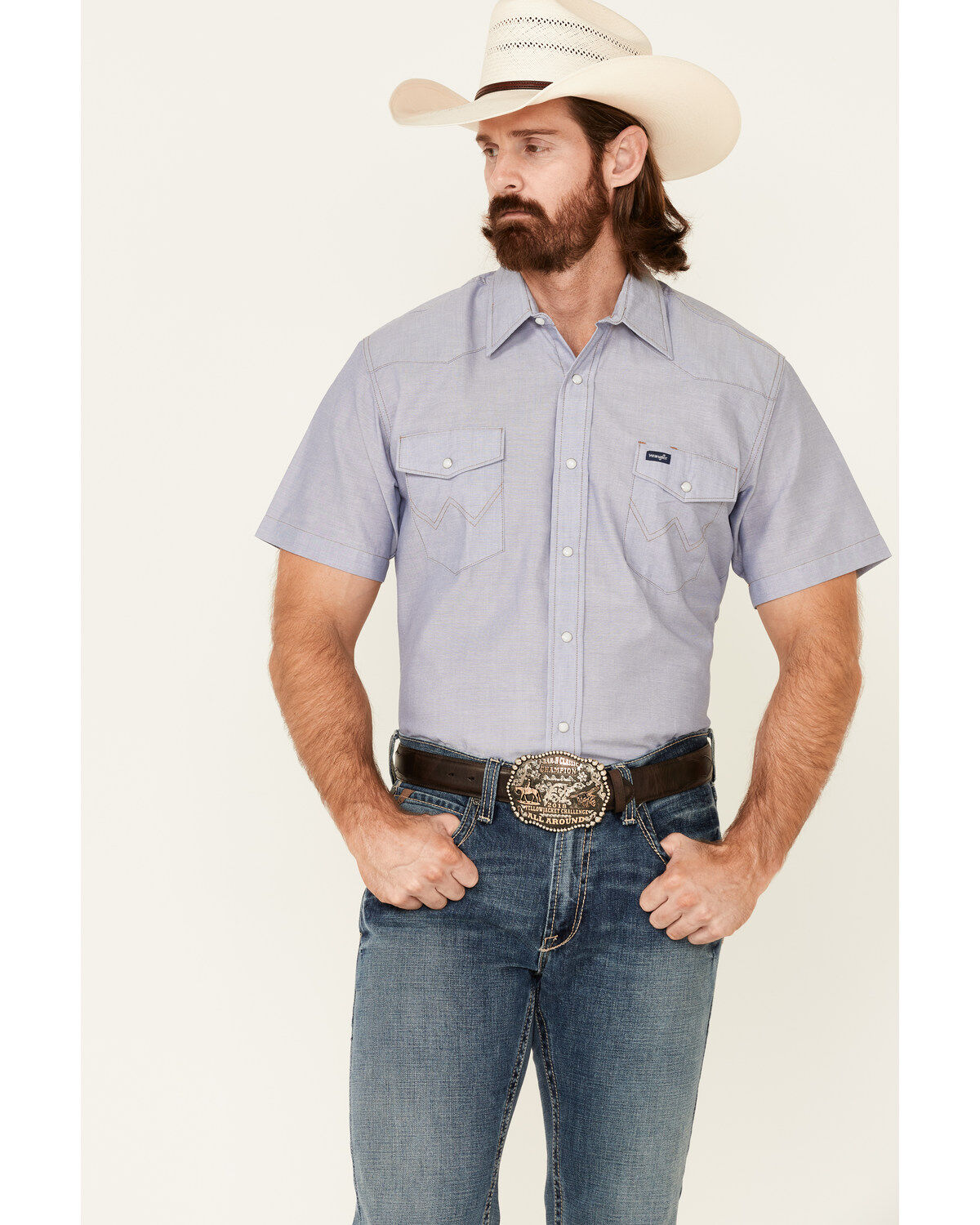 Image #1 - Wrangler Men's Solid Chambray Short Sleeve Work Shirt , Chambray, hi-res