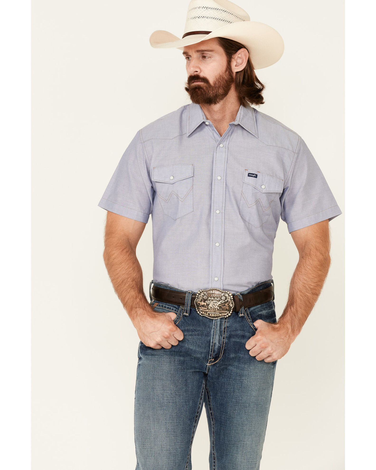 Wrangler Men's Solid Chambray Short Sleeve Work Shirt | Boot Barn