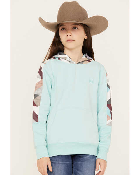 Hooey Girls' Geo Print Sleeve Hooded Sweatshirt, Teal, hi-res