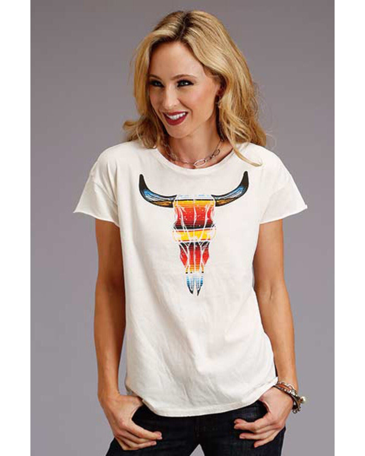 Stetson Women's Serape Steer Skull Tee, White, hi-res