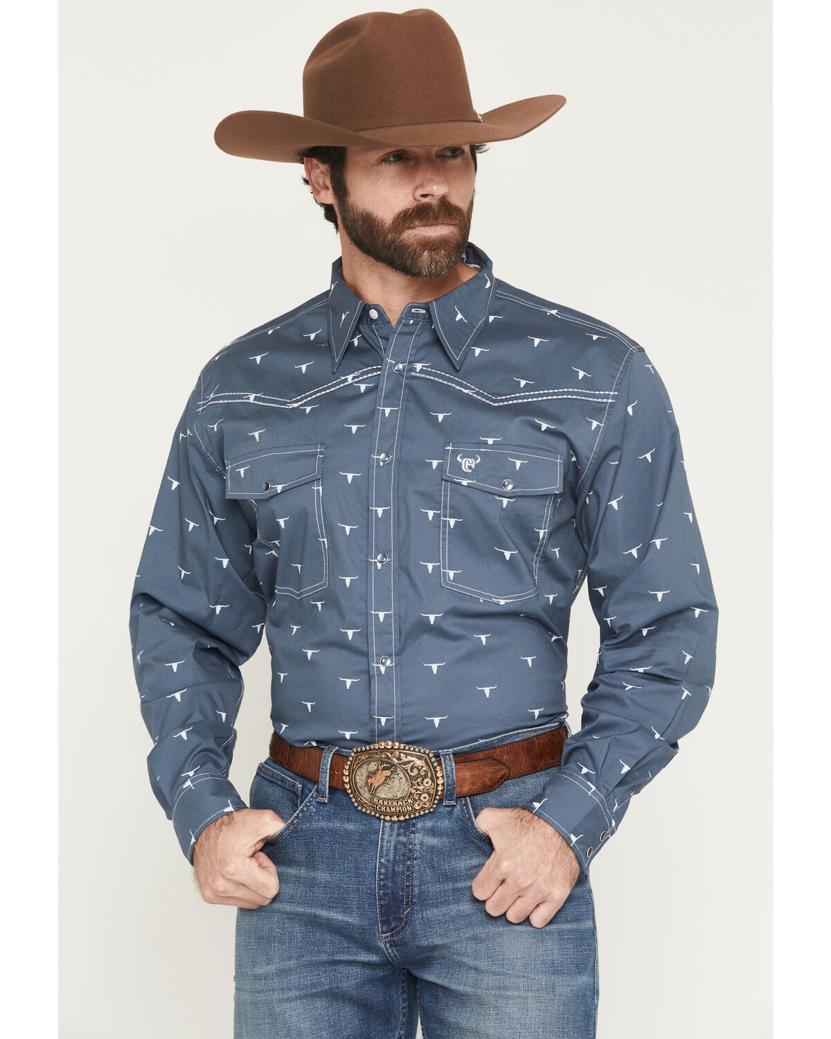 Cowboy Hardware Men's Skull Print Long Sleeve Snap Stretch Western Shirt, Slate, hi-res