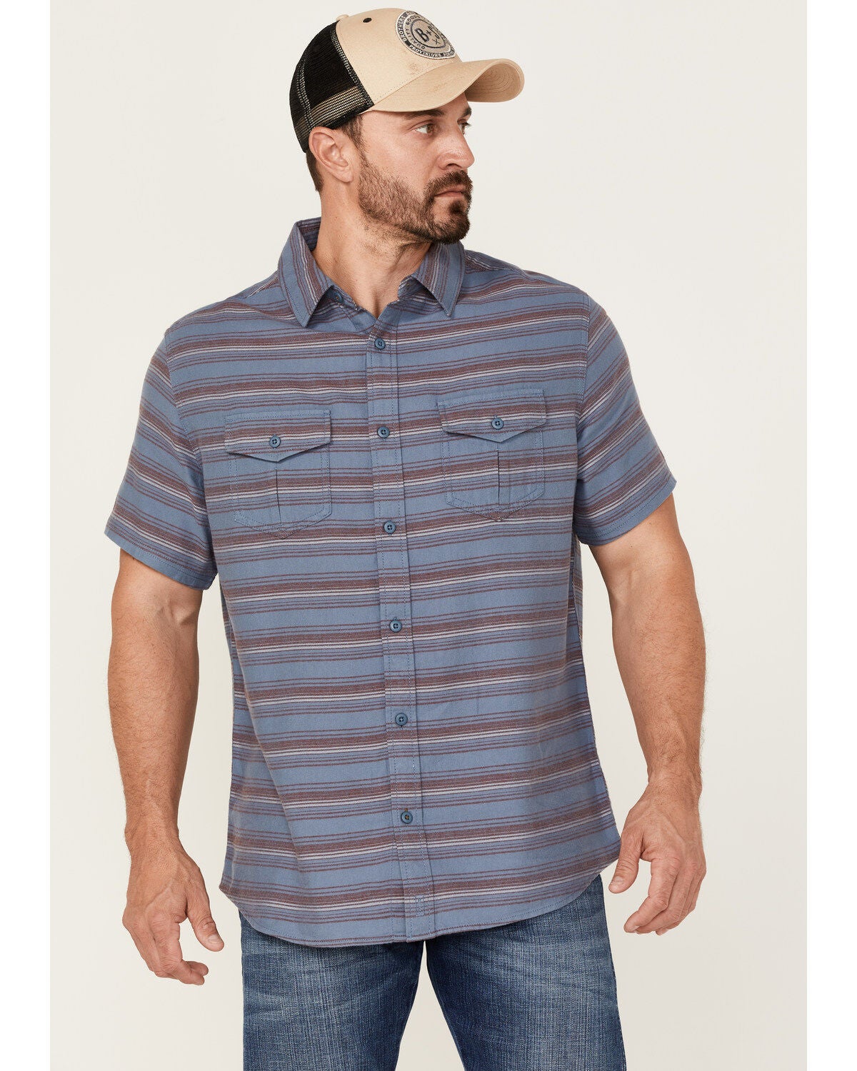 Brothers and Sons Men's Striped Short Sleeve Button Down Western Shirt, Indigo, hi-res