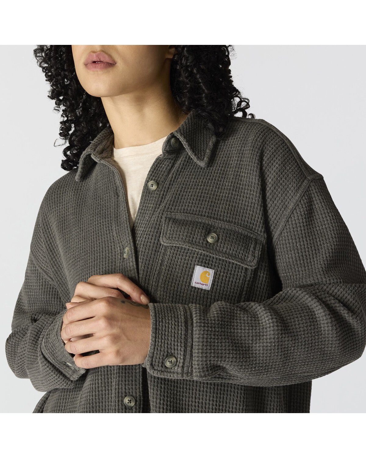 Image #3 - Carhartt Women's Oversized Fit Heavyweight Waffle Knit Work Shirt, Charcoal, hi-res