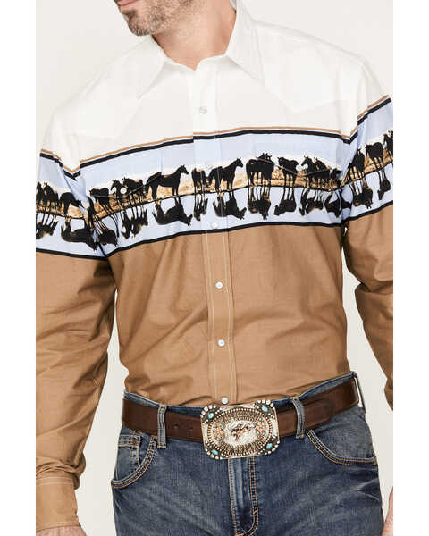Roper Men's Vintage Border Long Sleeve Western Snap Shirt, Brown, hi-res