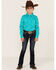 Image #2 - Shyanne Girls' Cactus Print Long Sleeve Western Pearl Snap Shirt, Turquoise, hi-res