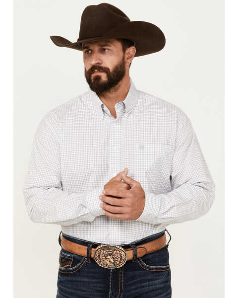 Cinch Men's Plaid Print Long Sleeve Button-Down Western Shirt, White, hi-res