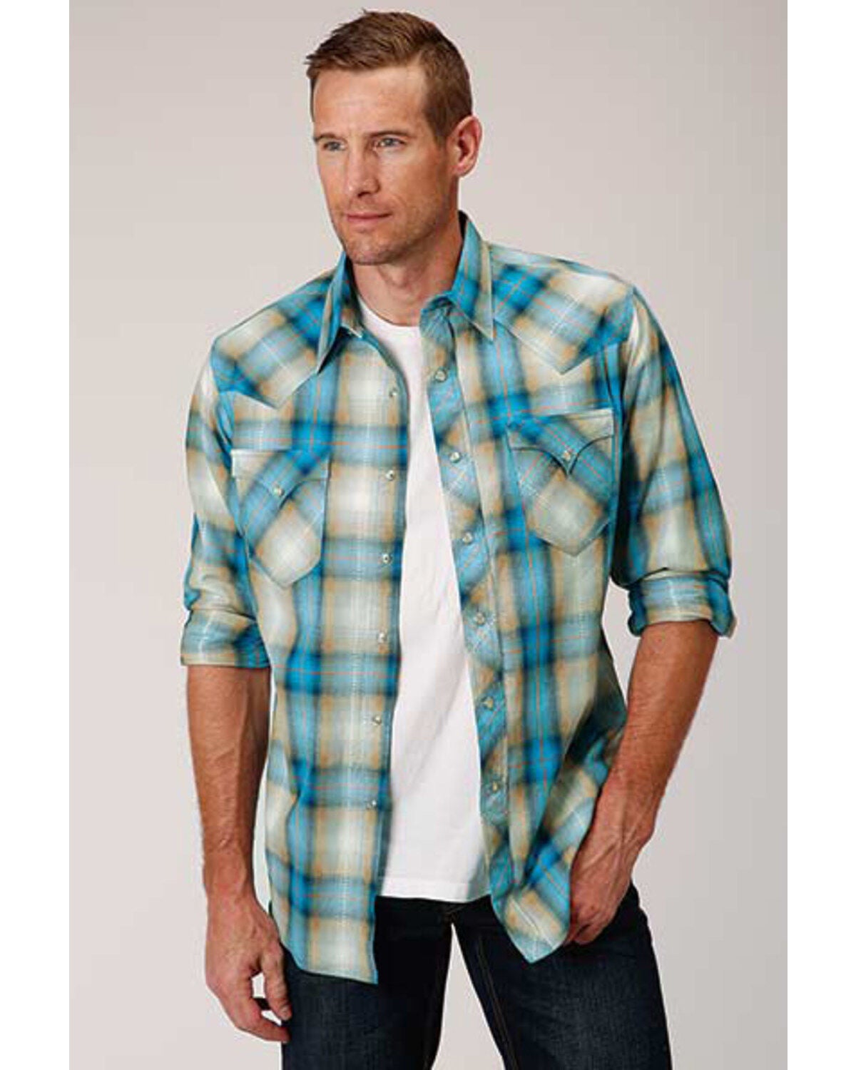 Image #1 - West Made Men's Tide Pool Dobby Plaid Long Sleeve Western Shirt, , hi-res