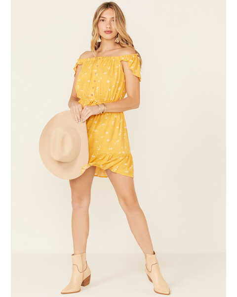 Miss Me Women's Floral Button Front Off-Shoulder Dress, Yellow, hi-res