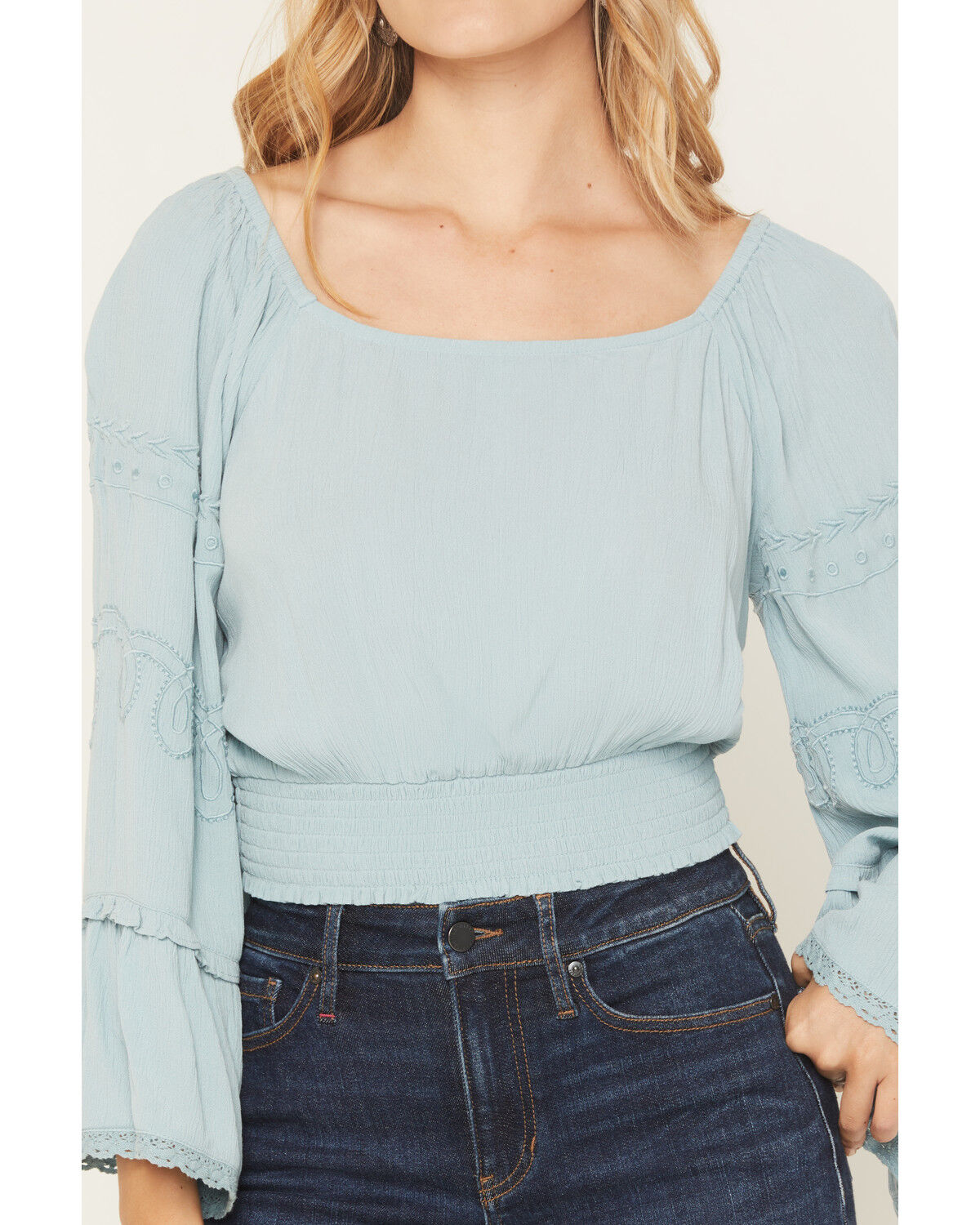 Image #3 - Shyanne Women's Pearl Embroidered Long Bell Sleeve Shirt, Aqua, hi-res