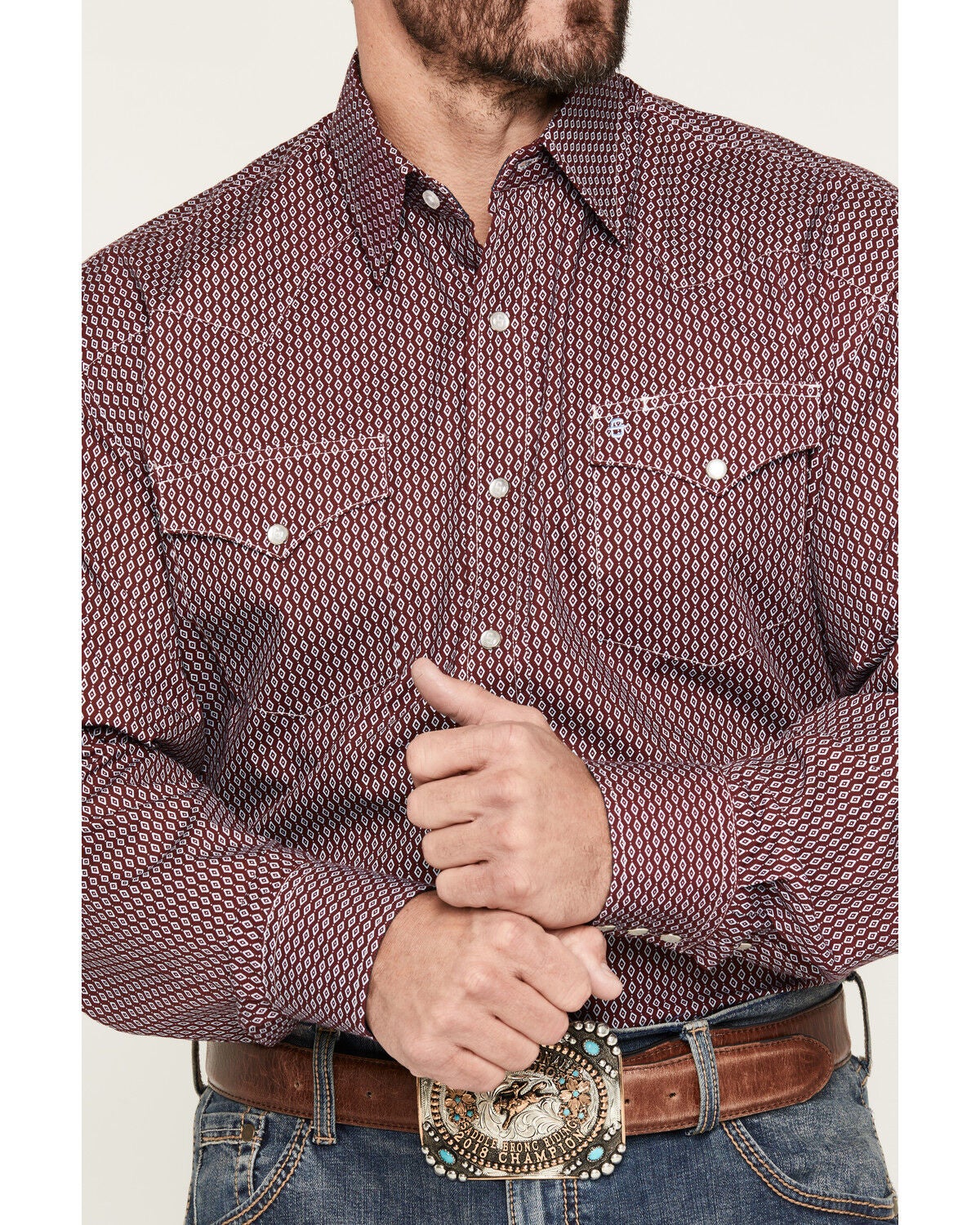 Image #3 - Stetson Men's Micro Geo Print Long Sleeve Snap Western Shirt, Wine, hi-res