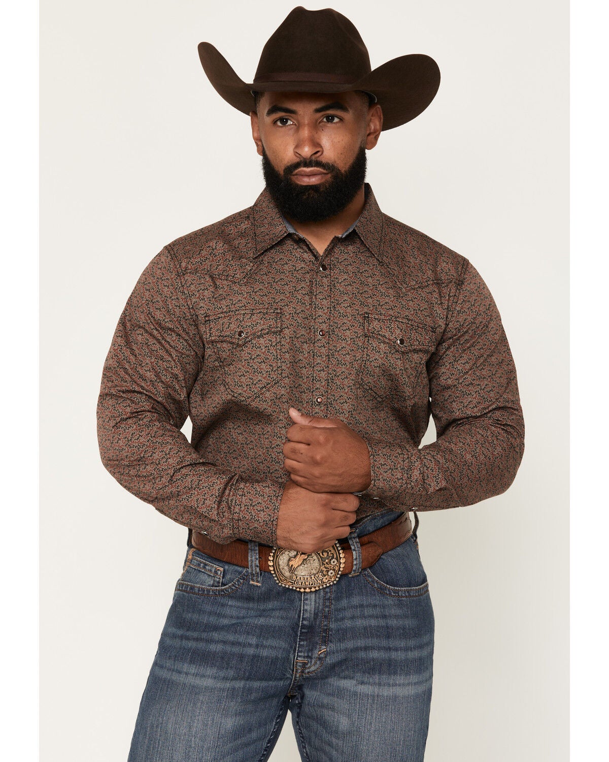 Image #1 - Cody James Men's Fireball Geo Print Long Sleeve Snap Western Shirt, Brown, hi-res