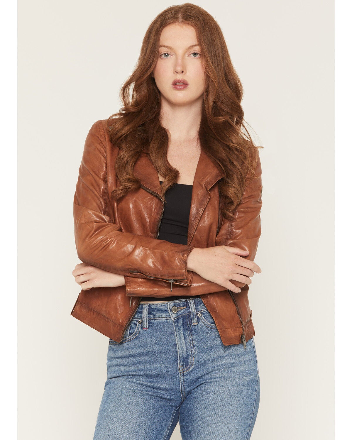 Mauritius Leather Women's Fayola Featherweight Leather Moto Jacket, Cognac, hi-res