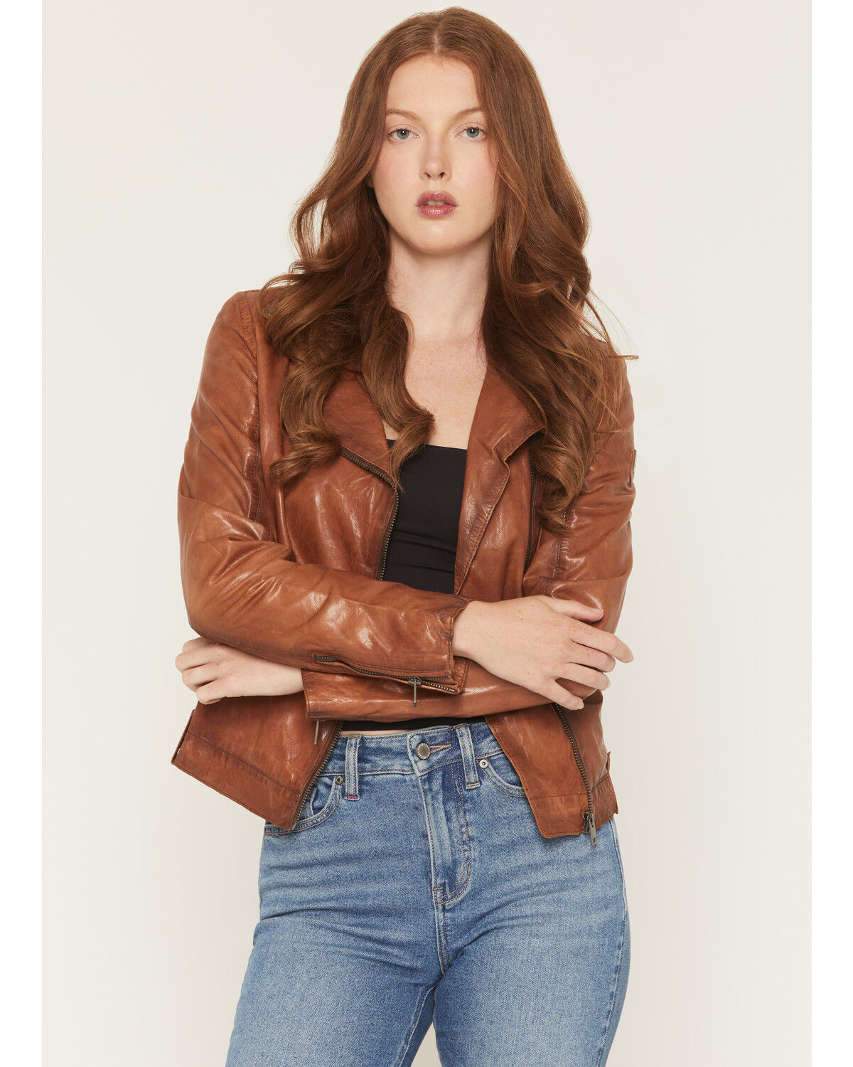 Image #1 - Mauritius Leather Women's Fayola Featherweight Leather Moto Jacket, Cognac, hi-res