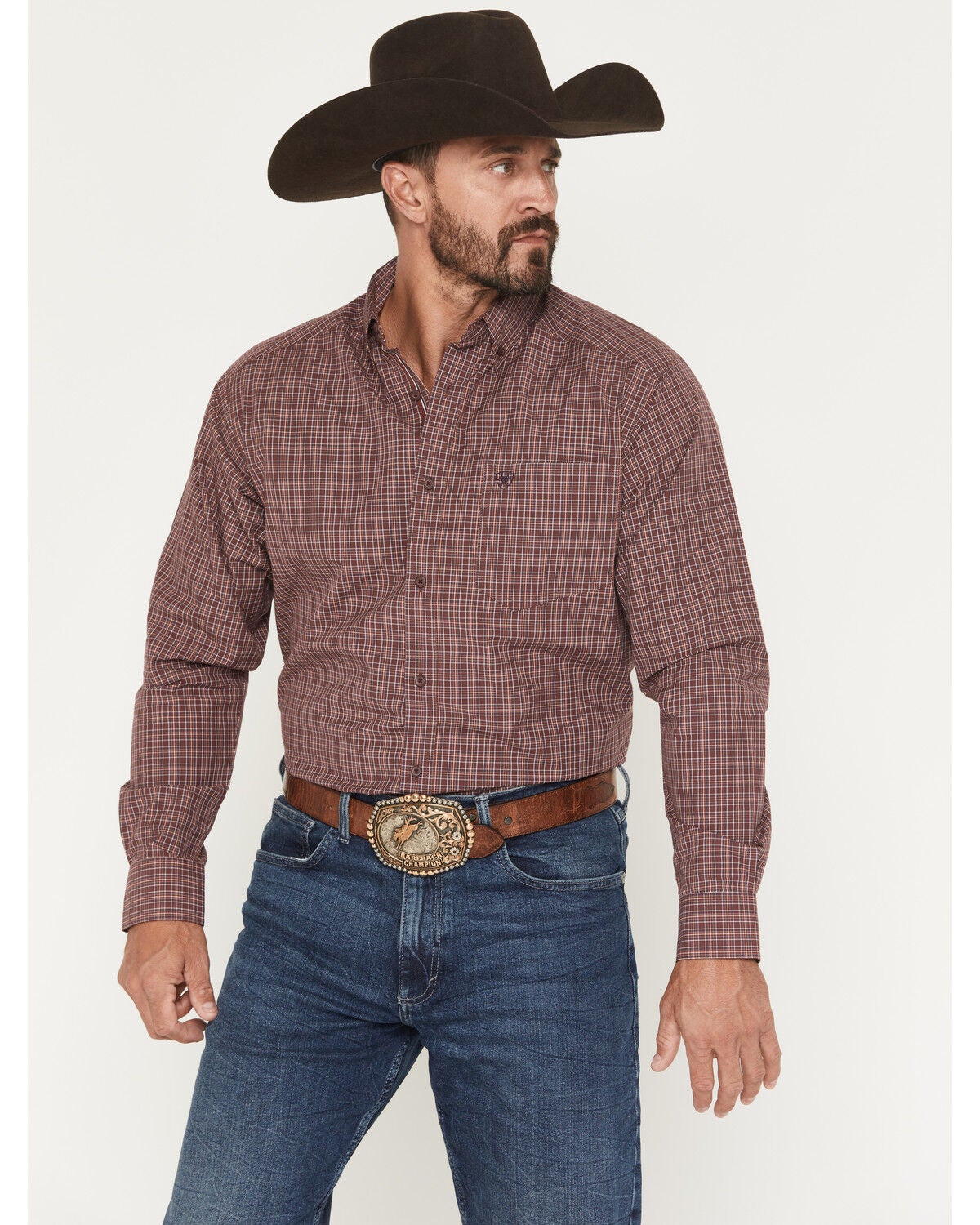 Ariat Men's Pro Series Travis Plaid Print Long Sleeve Button-Down Stretch Western Shirt, Burgundy, hi-res