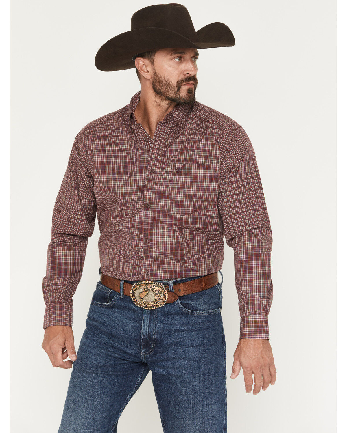 Image #1 - Ariat Men's Pro Series Travis Plaid Print Long Sleeve Button-Down Stretch Western Shirt, Burgundy, hi-res