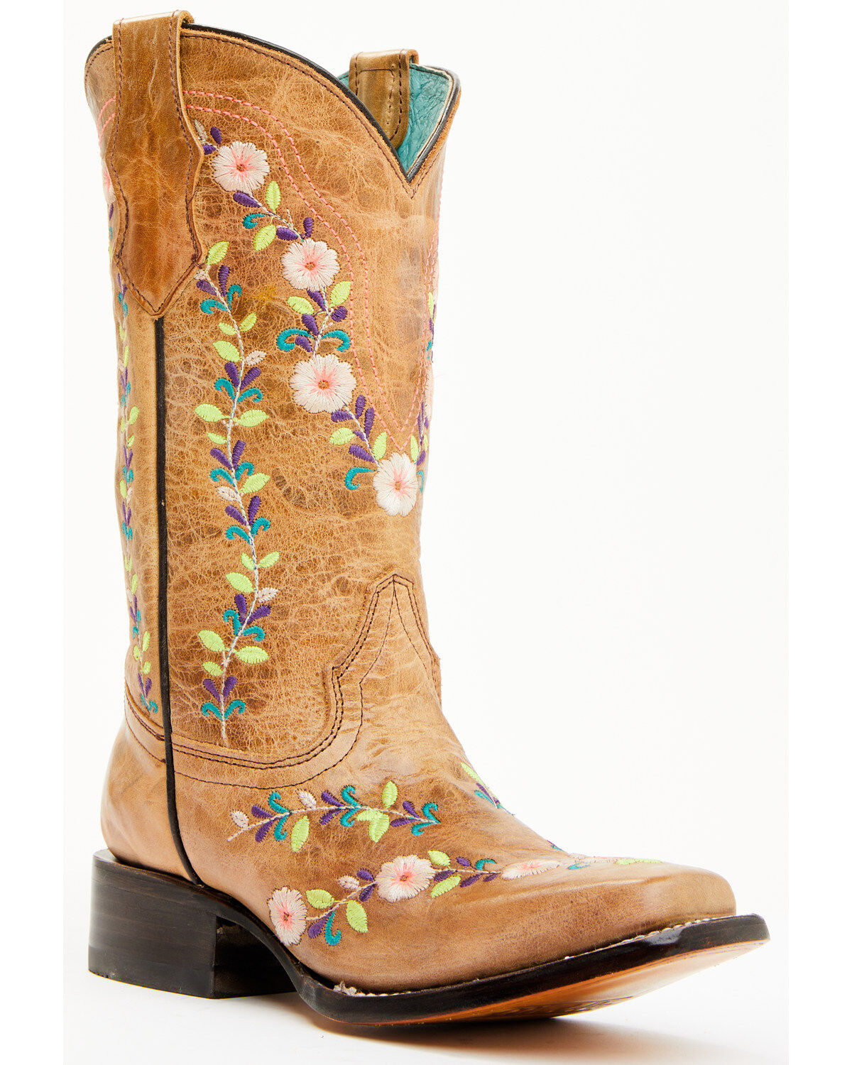 Image #1 - Corral Girls' Floral Embroidered Blacklight Western Boots - Square Toe, Honey, hi-res