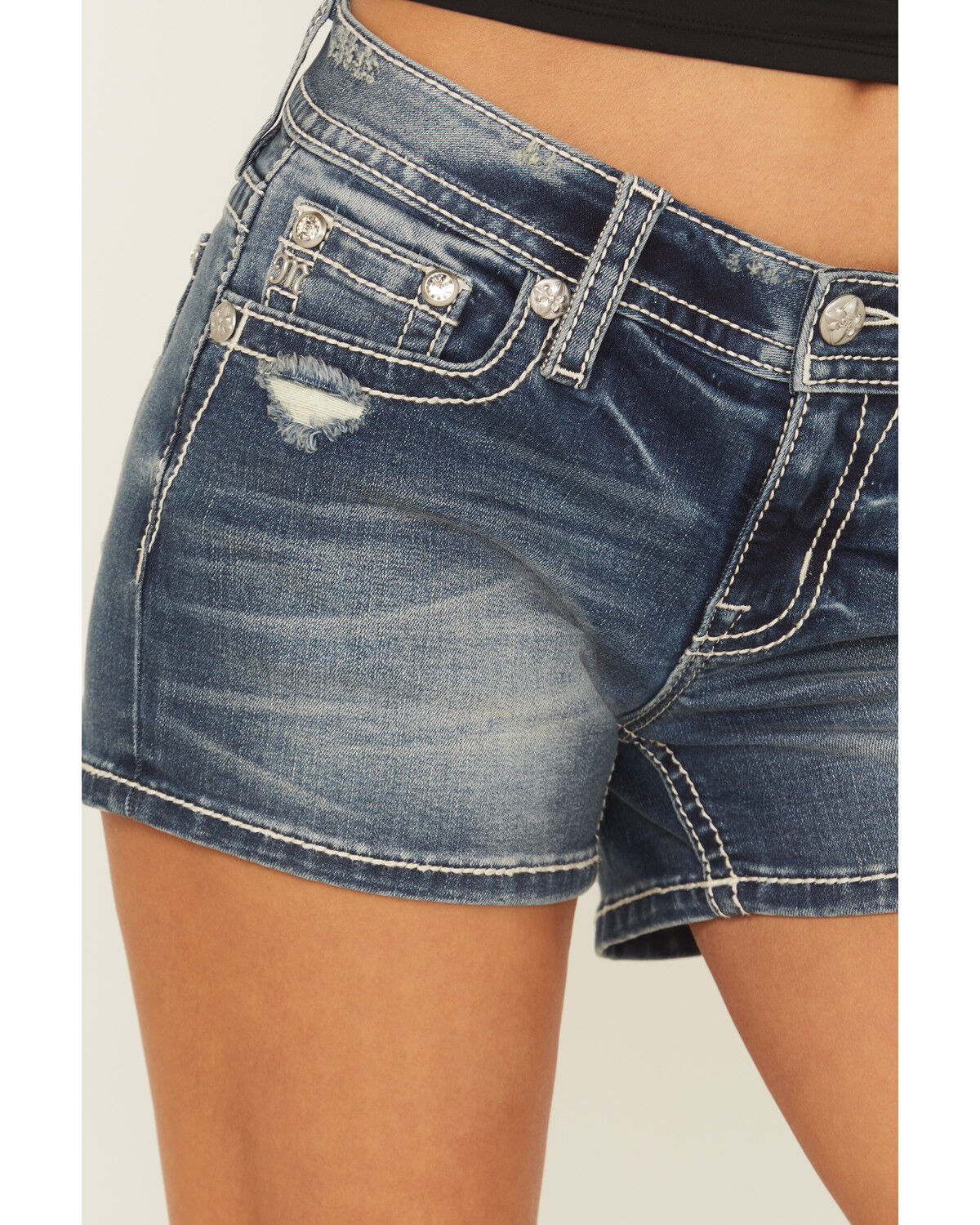 Image #4 - Miss Me Women's Medium Wash Mid Rise Fleur de Lis Bootcut Stretch Denim Shorts, Medium Wash, hi-res
