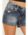 Image #4 - Miss Me Women's Medium Wash Mid Rise Fleur de Lis Bootcut Stretch Denim Shorts, Medium Wash, hi-res