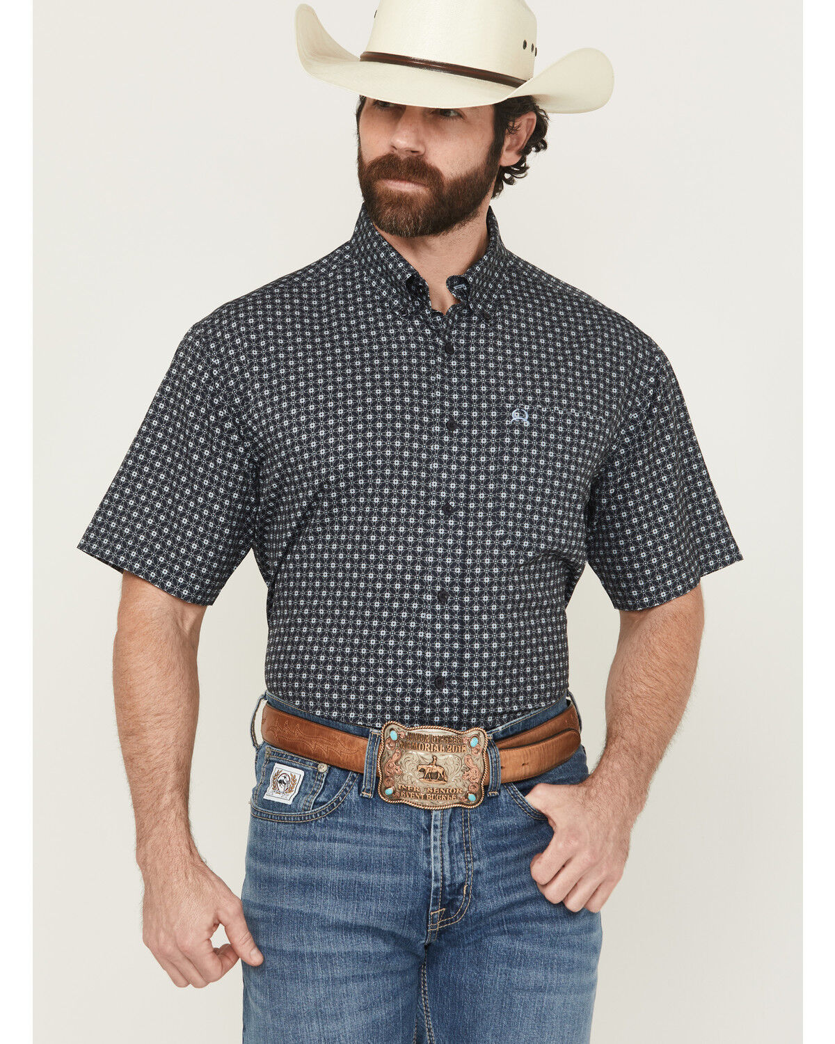 Image #1 - Cinch Men's Geo Print Short Sleeve Button-Down Performance Stretch Western Shirt, Navy, hi-res