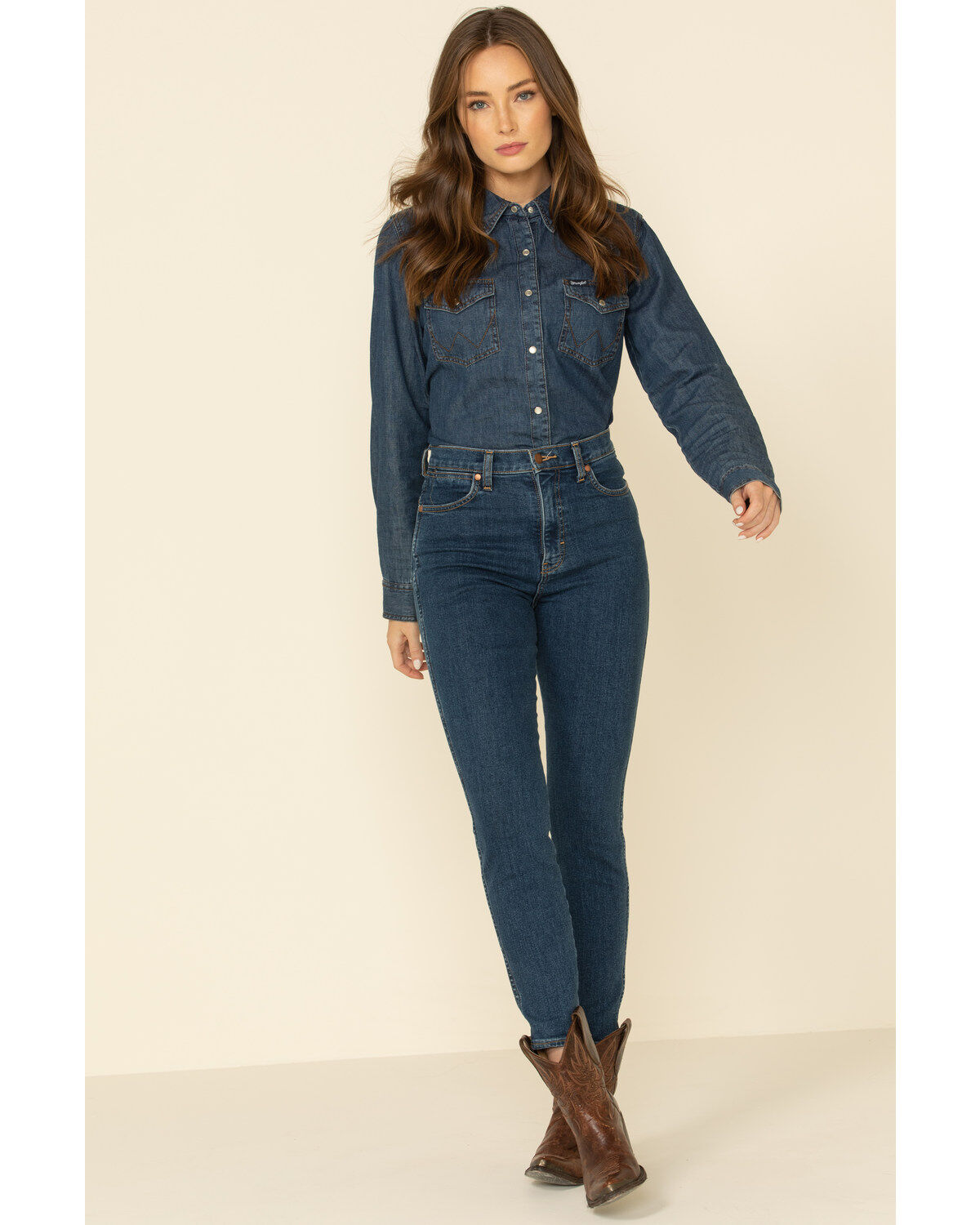 Image #2 - Wrangler Women's Dark Wash Long Sleeve Pearl Snap Denim Western Shirt, Blue, hi-res