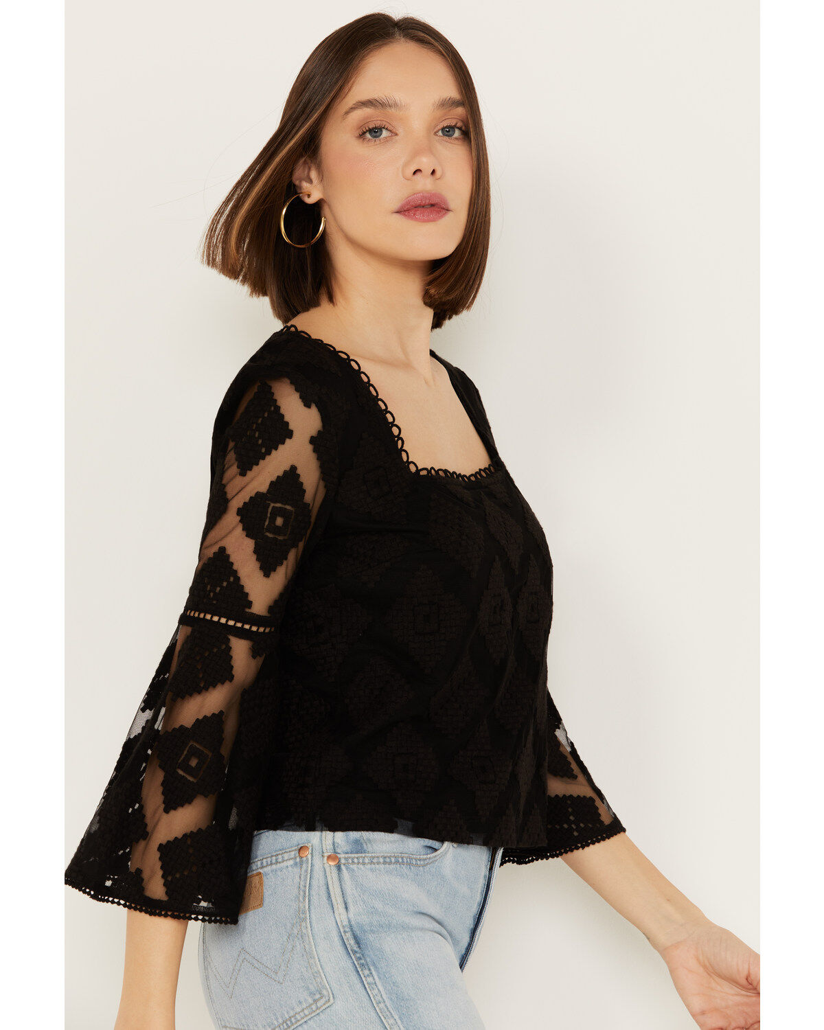 Image #2 - Shyanne Women's Diamond Embroidered Mesh Top, Black, hi-res