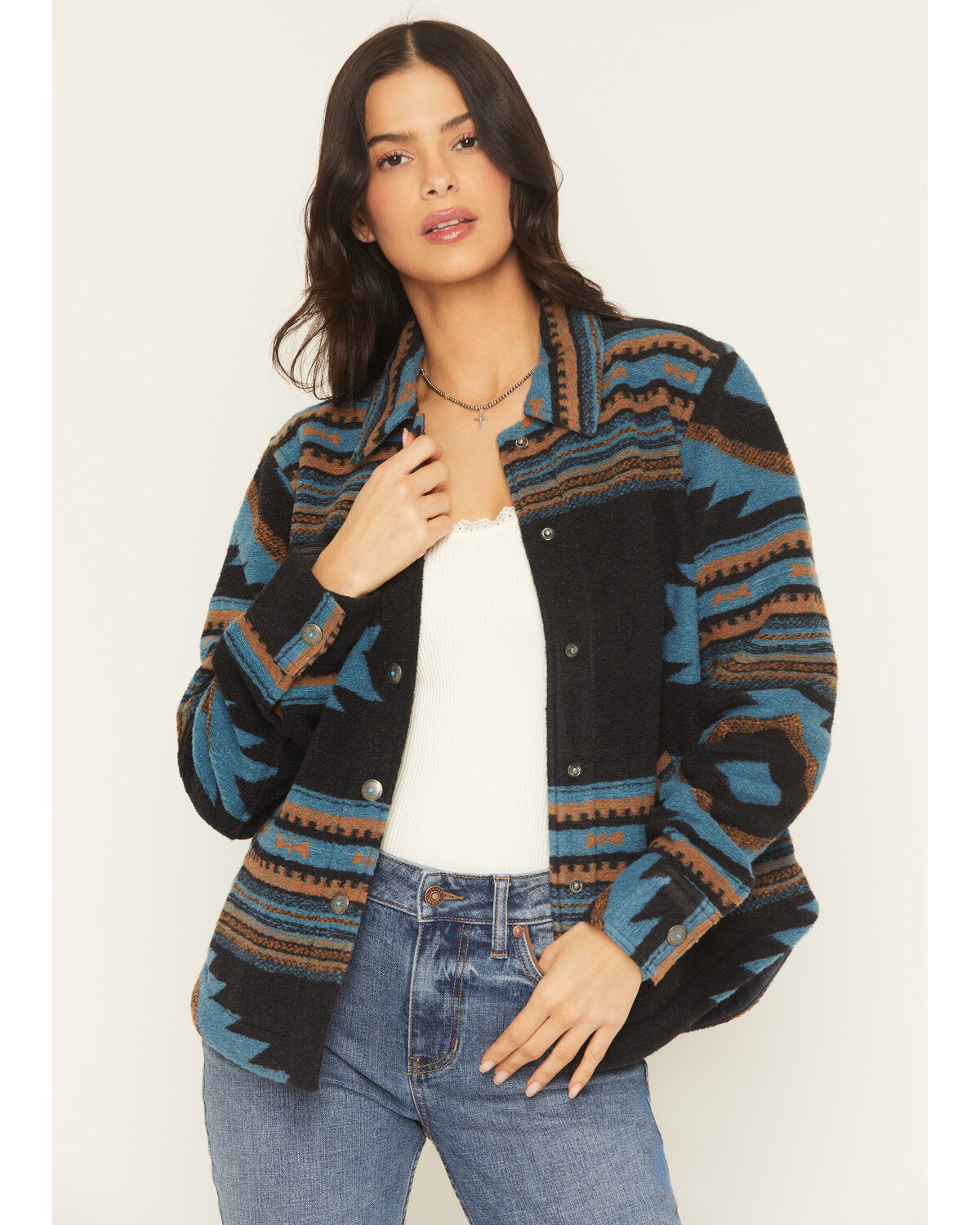 Image #1 - Shyanne Women's Southwestern Print Snap Shacket, Indigo, hi-res