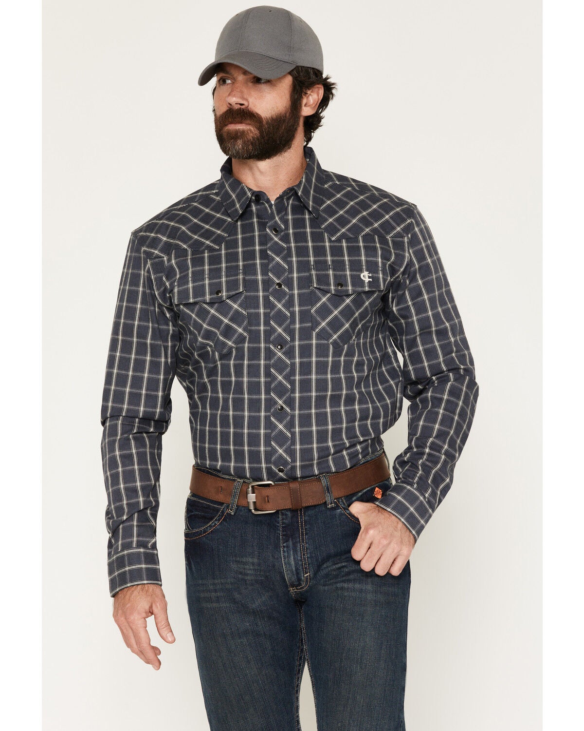 Image #1 - Cody James Men's FR Maricopa Plaid Print Long Sleeve Snap Work Shirt, Navy, hi-res
