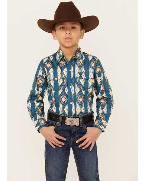 Wrangler Boys' Checotah Southwestern Striped Print Long Sleeve Pearl Snap Western Shirt , Navy, hi-res