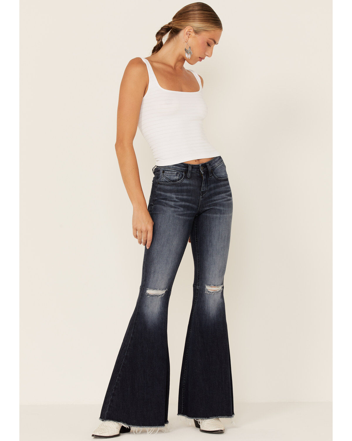 Image #1 - Shyanne Women's Dark Wash Mr Super Flare Destructed Fray Jeans, , hi-res