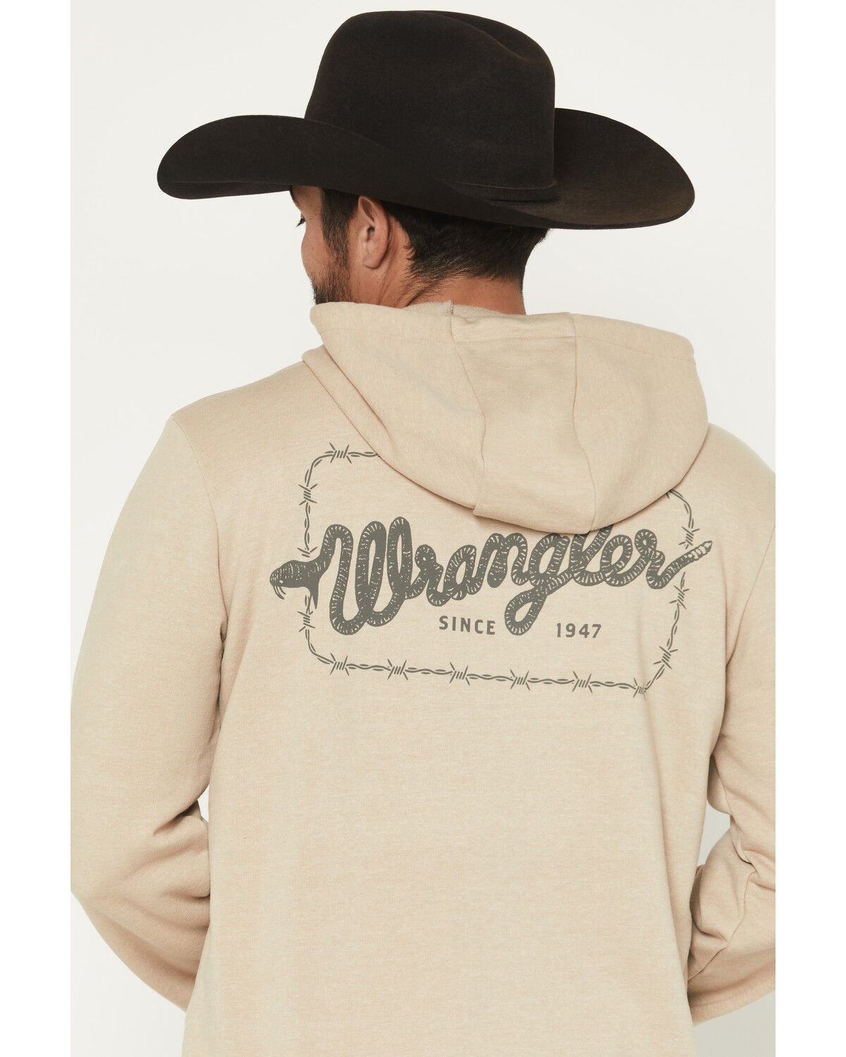 Image #4 - Wrangler Men's Boot Barn Exclusive Barbed Wire Logo Graphic Hooded Sweatshirt, Tan, hi-res