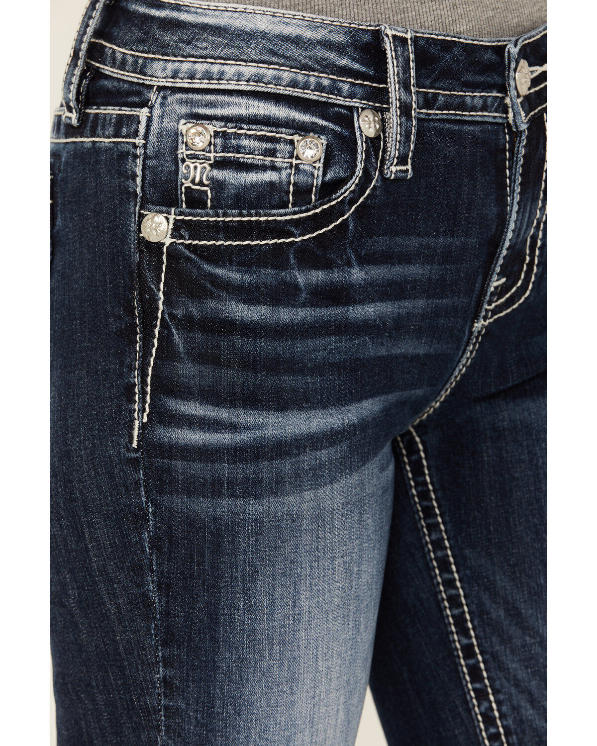Image #4 - Miss Me Women's Dark Wash Mid Rise Fleur de Lis Bootcut Stretch Denim Jeans, , hi-res