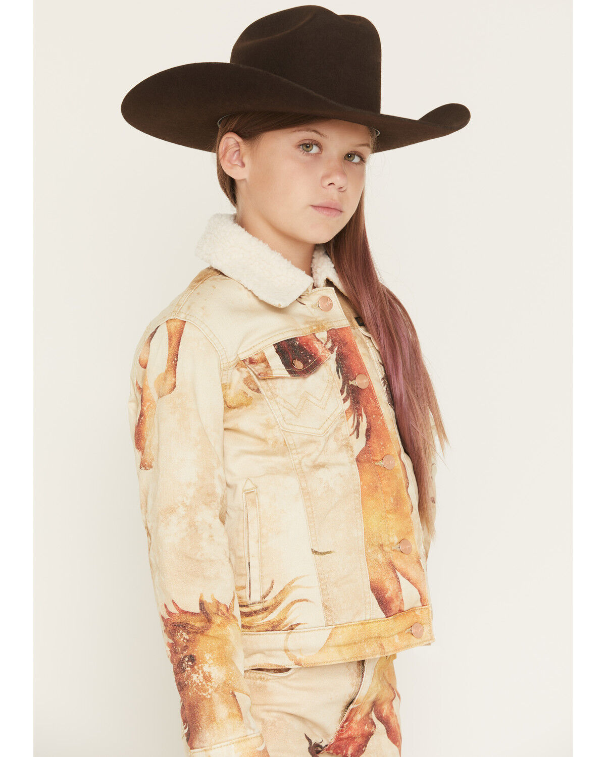 Image #2 - Wrangler X Lainey Wilson Girls' Horse Trucker Jacket, Tan, hi-res