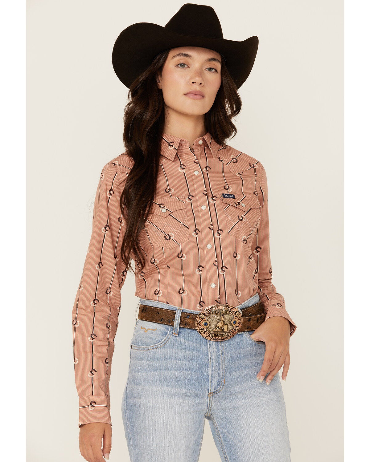 Wrangler Retro Women's Horseshoe Striped Print Long Sleeve Snap Western Shirt, Rose, hi-res