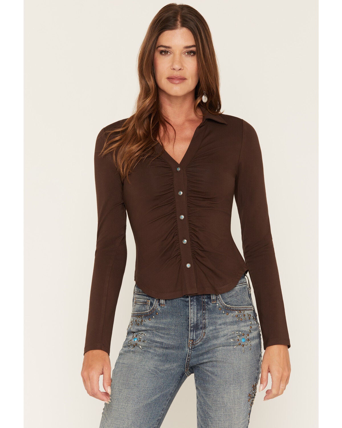 Image #1 - Shyanne Women's Solid Long Sleeve Concho Snap Shirt, Cognac, hi-res