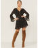 Beyond The Radar Women's Floral Faux Suede Cutout Bodice Bell Sleeve Dress, Black, hi-res