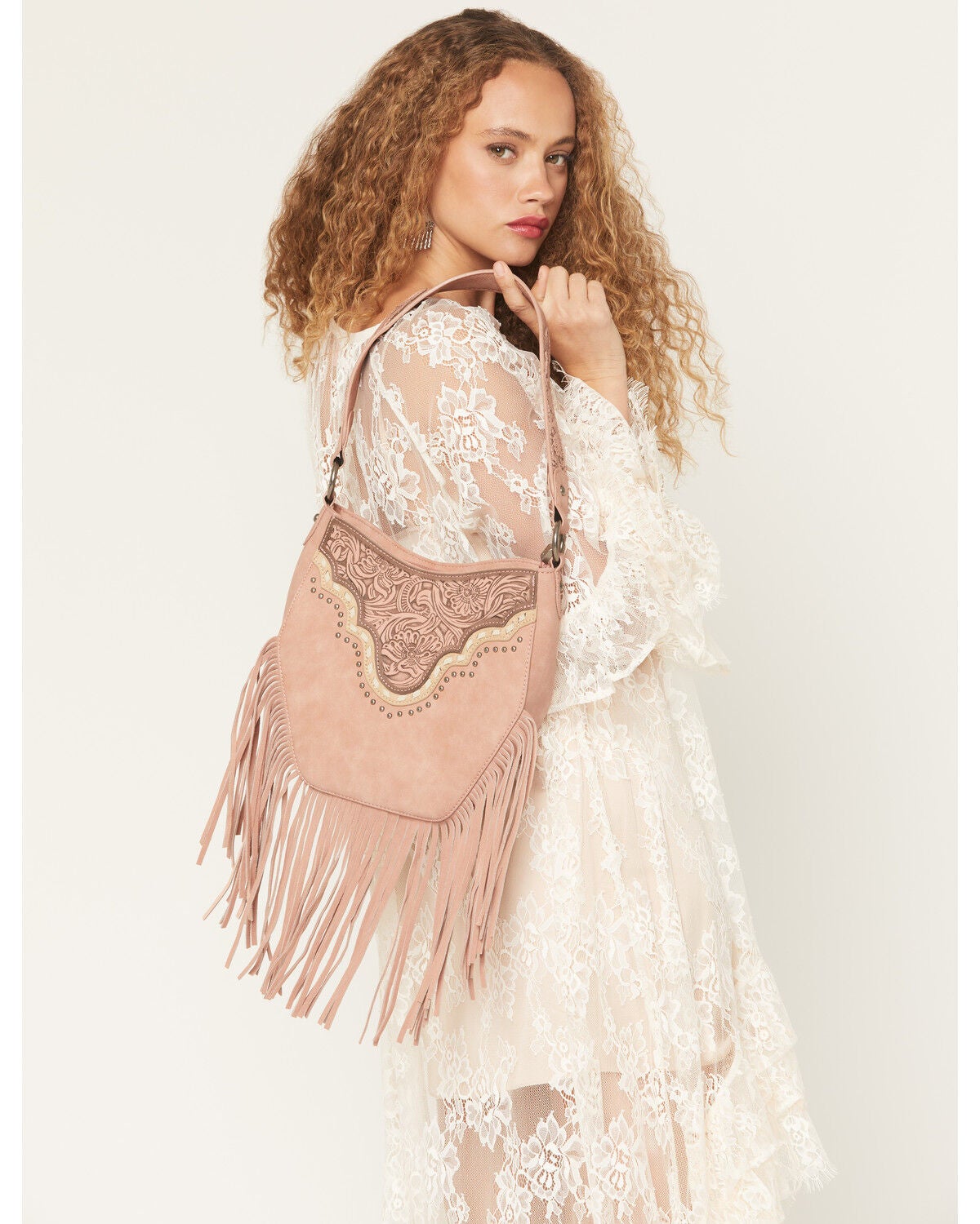 Montana West Women's Tooled Fringe Hobo Shoulder Bag, Dark Pink, hi-res