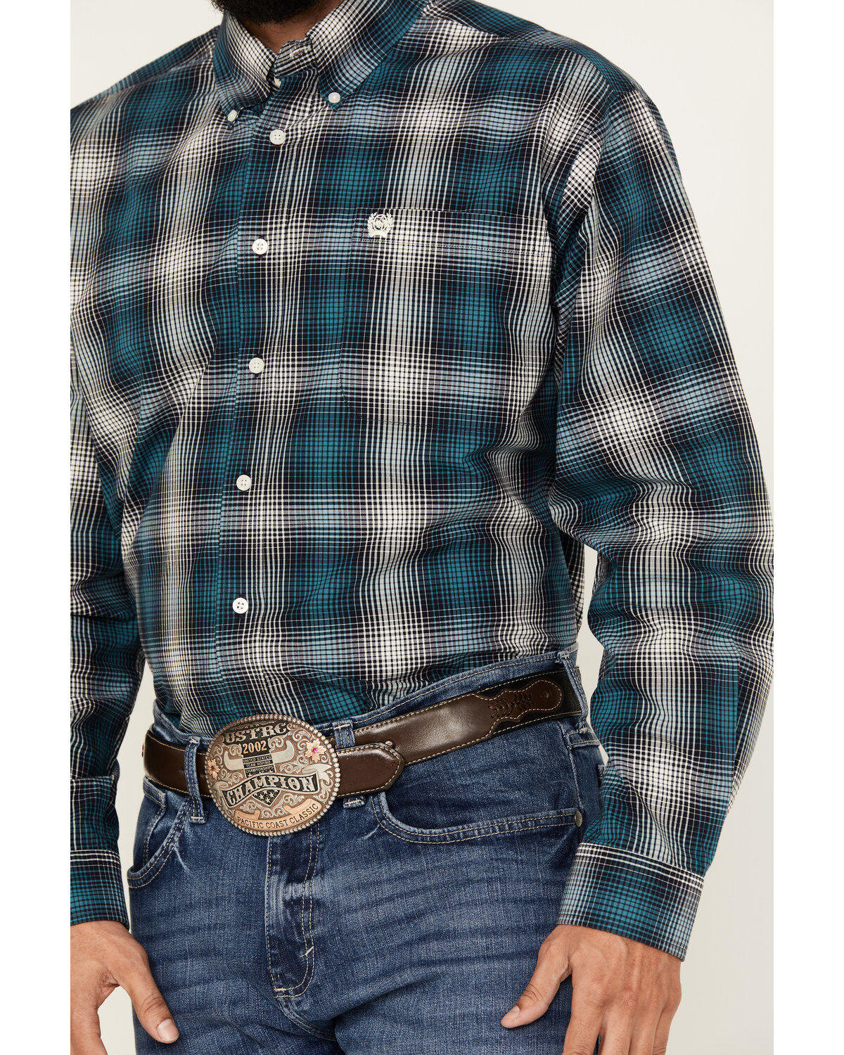 Image #3 - Cinch Men's Plaid Print Long Sleeve Button-Down Western Shirt, Teal, hi-res