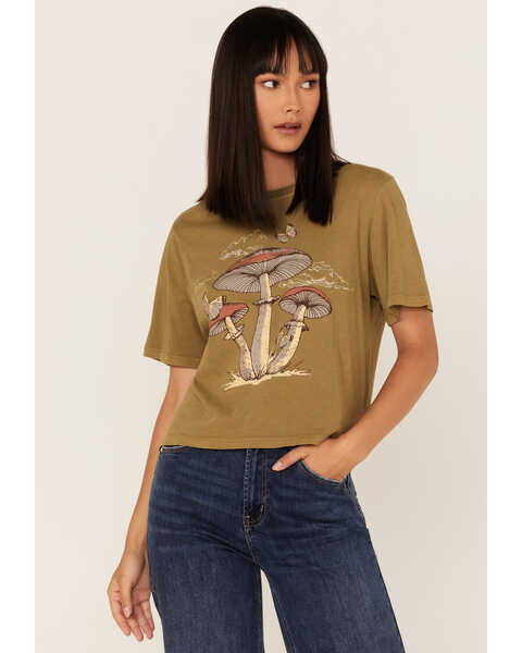 Cleo + Wolf Women's Mushrooms Graphic Boxy Tee, Green/brown, hi-res