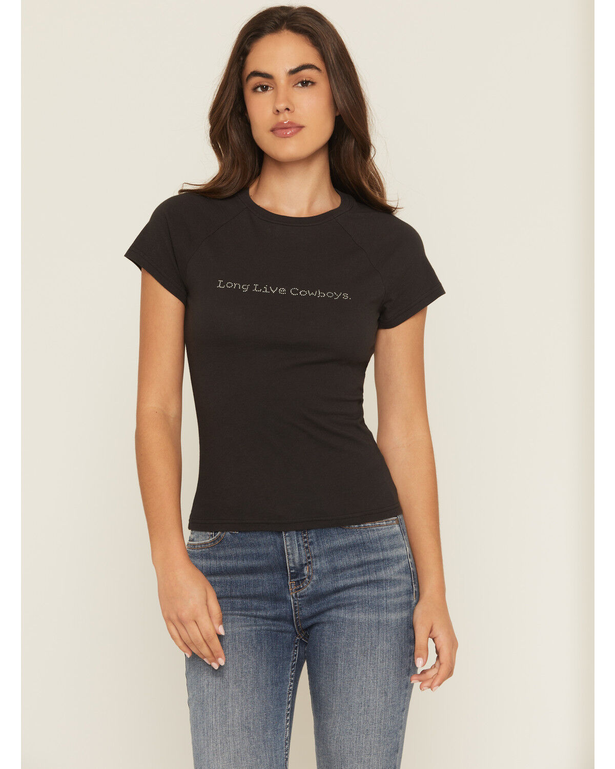Image #1 - Wrangler Women's Long Live Cowboys Rhinestone Short Sleeve Tee, Black, hi-res
