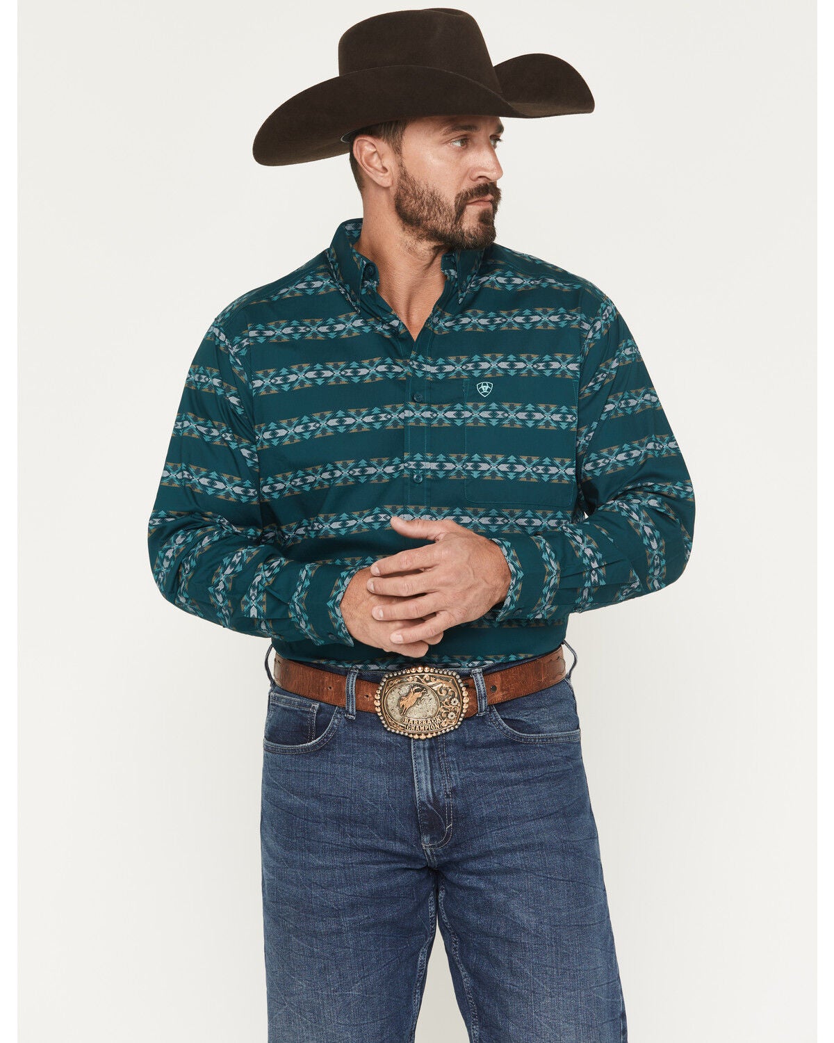 Ariat Men's Brando Southwestern Print Long Sleeve Button-Down Western Shirt, Teal, hi-res