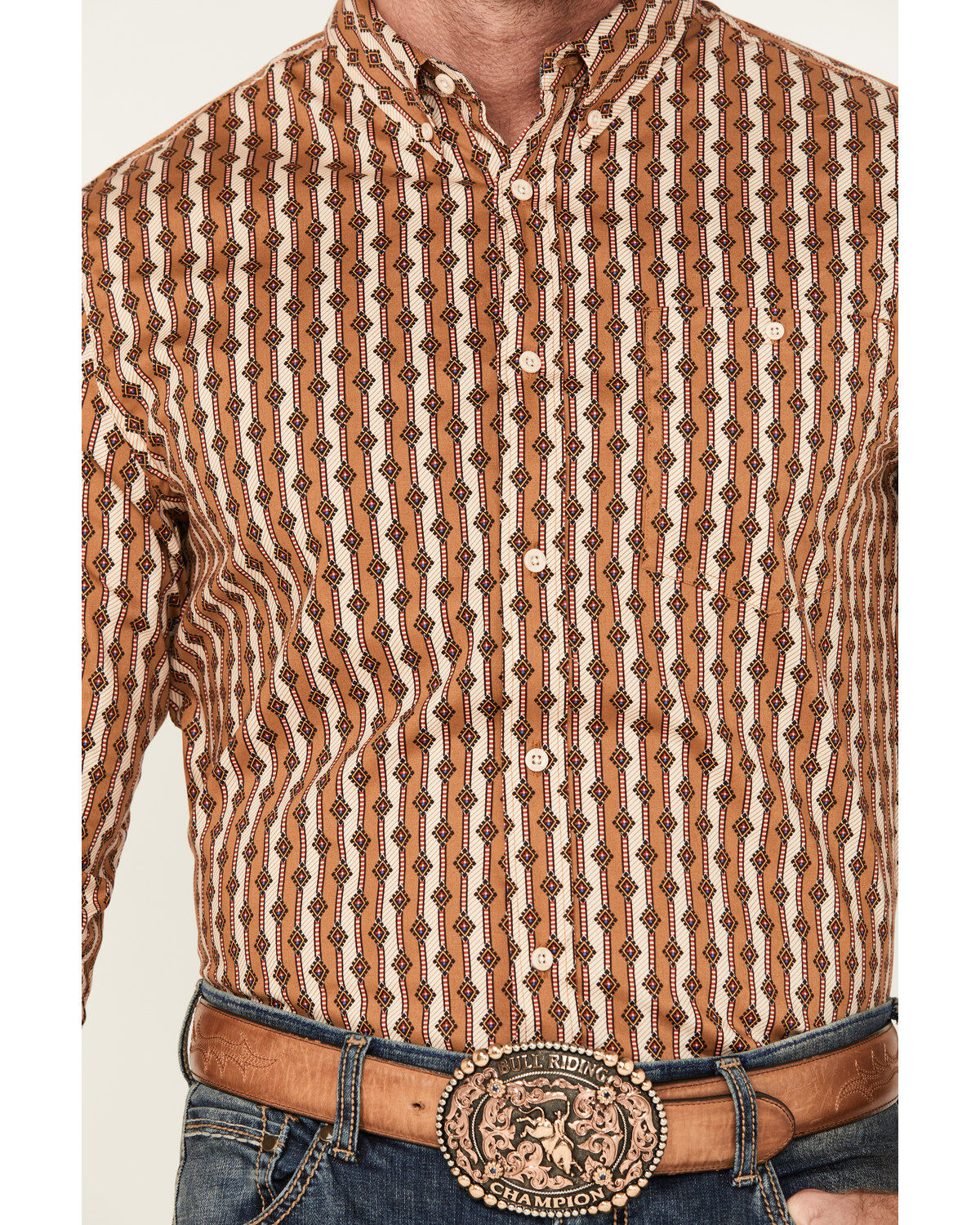 Image #3 - RANK 45® Men's Manvel Southwestern Print Long Sleeve Button-Down Stretch Western Shirt, Lt Brown, hi-res