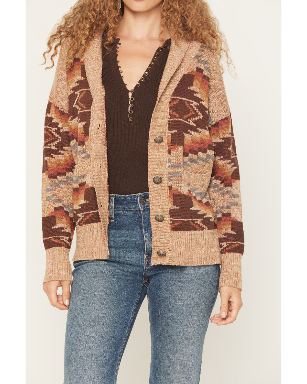 Image #3 - Cotton & Rye Women's Southwestern Print Button-Down Cardigan, Brown, hi-res