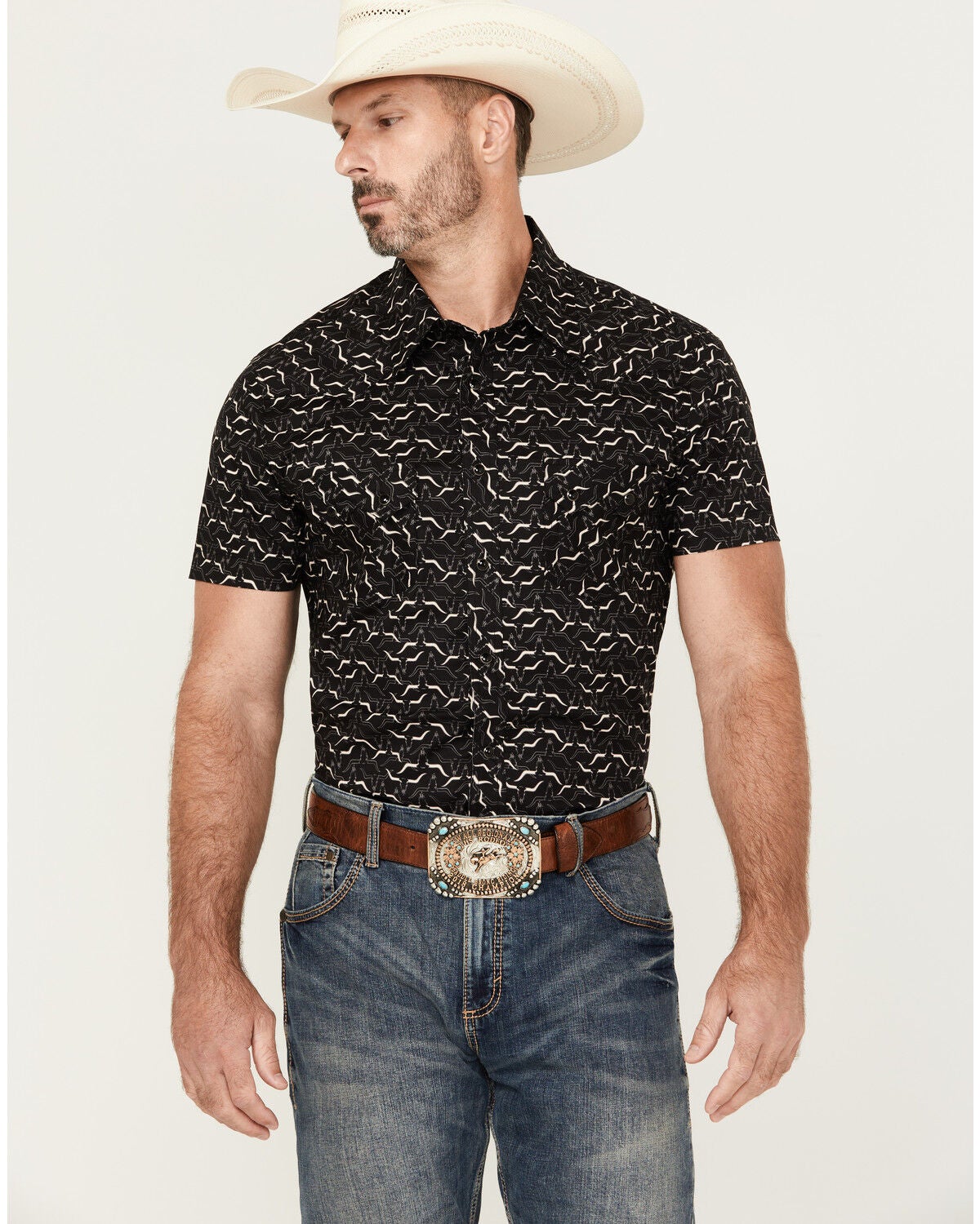 Rock & Roll Denim Men's Longhorn Print Short Sleeve Pearl Snap Stretch Western Shirt, Black, hi-res