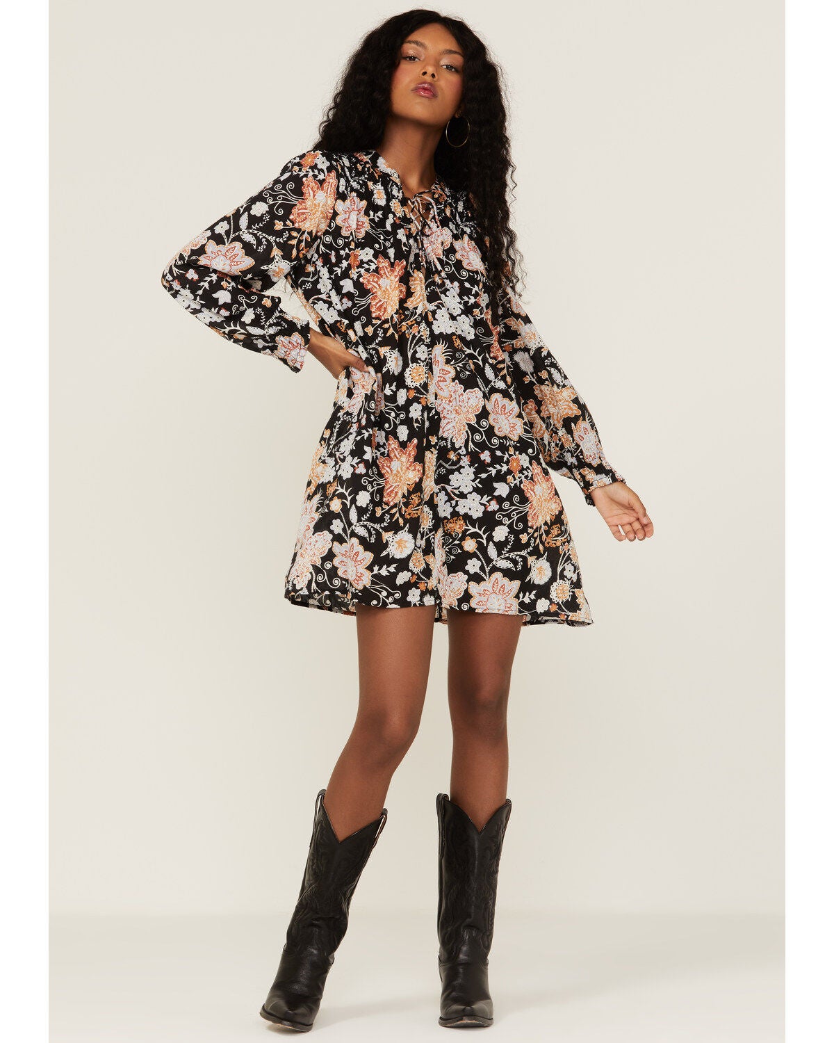 Revel Women's Floral A-Line Mini Dress, Black, hi-res